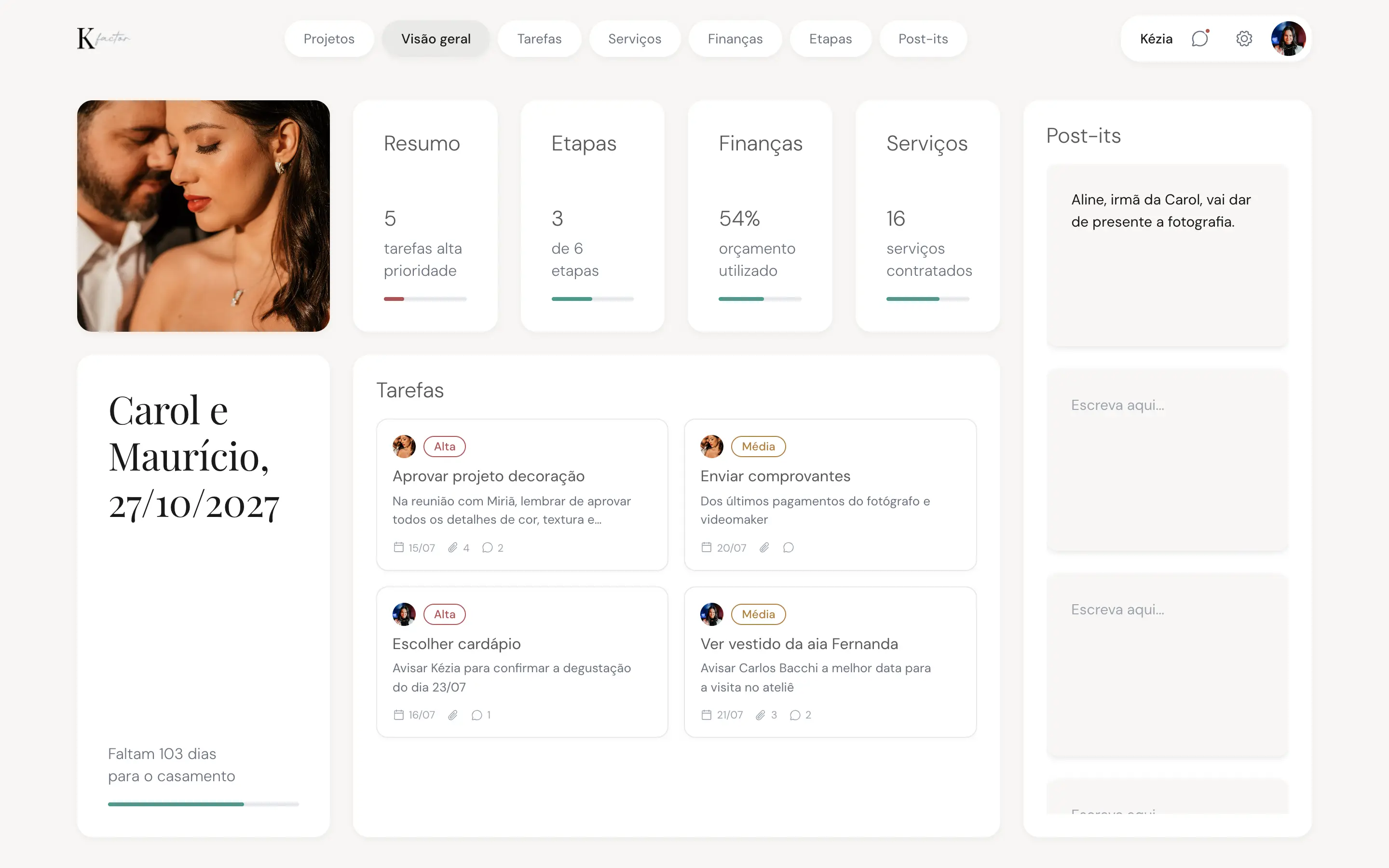 One couple at a glance: stages, budget, tasks and quick notes